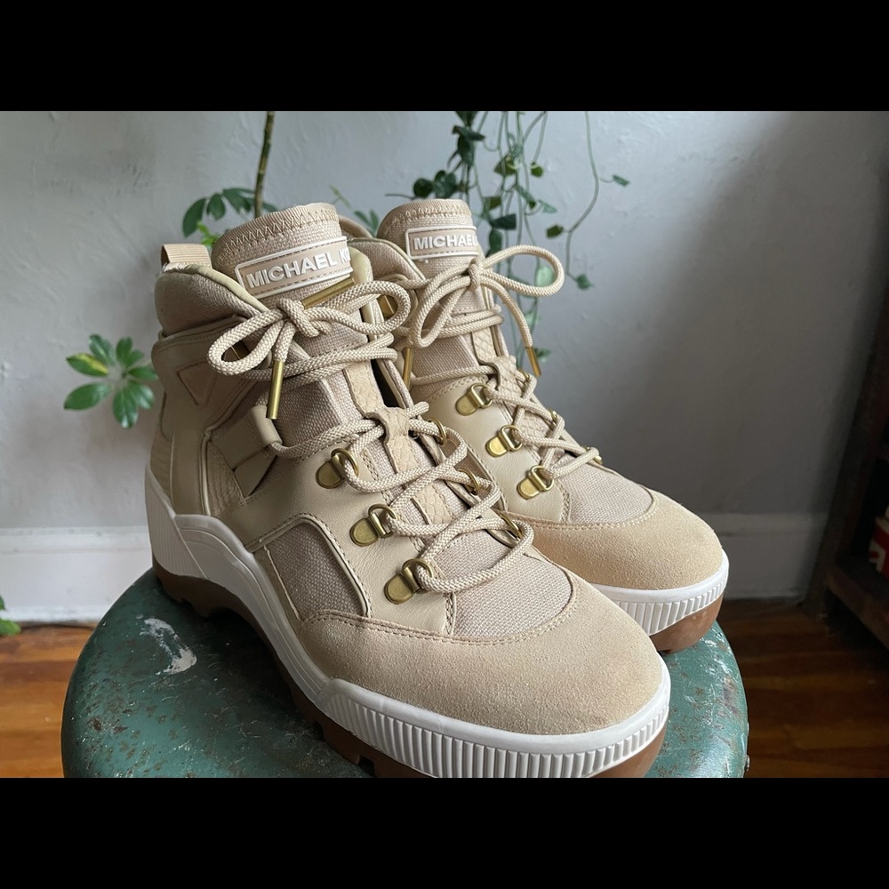 Cream, Tan and white Michael Kors boots, size 9.5